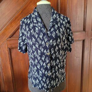 Vintage Navy Short-Sleeve Button-Up Blouse With White Floral Tulip Print & Back